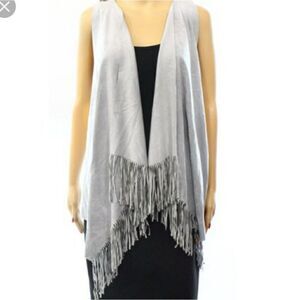 NWT INC Gray Suede Vest with Fringe size Large Hippie Boho Open Front